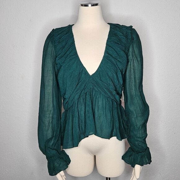 Free People Boho Cottagecore Sheer Crinkle Peplum Blouse Hunter Green M NWT - Picture 1 of 9